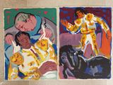 deux tableaux représentant un homme et une femme accompagnés d'un chien et d'un chat