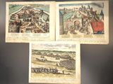 three old books with pictures of people and buildings on them