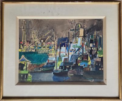 a painting of a harbor scene with boats in the water