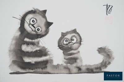 un tableau représentant deux chats assis l'un à côté de l'autre