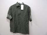 men ' s green shirt with white stripes hanging on a hanger