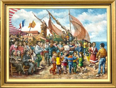 une peinture à l'huile représentant un groupe de personnes sur une plage, avec un bateau en arrière-plan