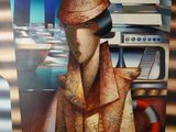 un tableau représentant un homme portant un chapeau et un manteau