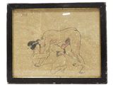 tableau représentant une femme aux prises avec un homme, dans un cadre noir