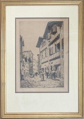 peinture d'une scène de rue avec une voiture à cheval au premier plan