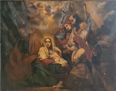 une image représentant un tableau où l'on voit un groupe de personnes assises autour d'un bébé