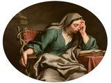 an image of a painting of a woman sitting at a table with her head in her hands