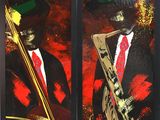 tableau représentant un homme en costume-cravate jouant du saxophone