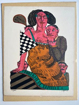 tableau représentant une femme tenant un bébé dans ses bras et un homme tenant une raquette de tennis