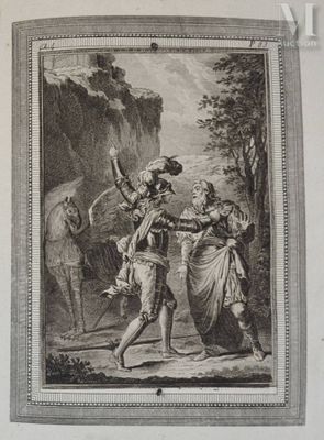 un vieux dessin en noir et blanc représentant un homme et une femme dans un environnement boisé