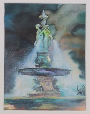 painting of a water fountain with a statue on top of it