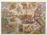 illustration of a painting of a procession of people in a village