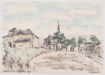 dessin représentant un village avec une église et des arbres en arrière-plan