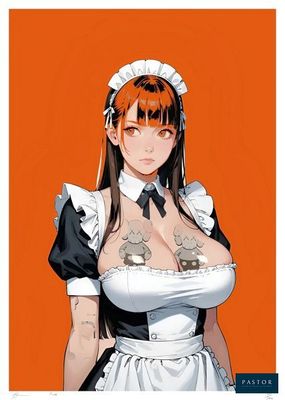 une image représentant une femme en tenue de femme de chambre, avec des tatouages sur la poitrine
