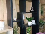 a room with a table and a shelf with plants on it