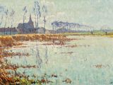 une image représentant un tableau où l'on voit une rivière avec une église en arrière-plan