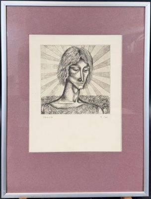 dessin représentant le visage d'une femme avec un soleil rayonnant en arrière-plan