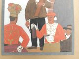 a painting of a man holding a gun in front of a group of men