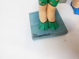 une figurine représentant les jambes d'une femme, posée sur un bloc de bois