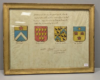 un tableau encadré représentant quatre armoiries et une armoirie