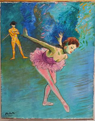 tableau représentant une femme en tutu rose et un homme en chemise jaune