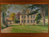 une peinture à l'huile représentant une maison dans un champ bordé d'arbres