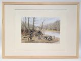 tableau encadré représentant un homme à cheval entouré d'un troupeau de chevaux
