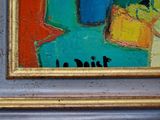 a painting of birds sitting on a ledge in front of a window