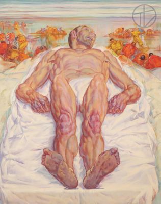 a painting of a man laying on a bed with fish in the background