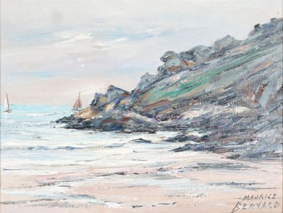 une peinture à l'huile représentant un voilier sur l'océan, près d'une côte rocheuse
