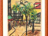 an oil painting of a street scene with trees and buildings
