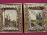une paire de peintures à l'huile représentant une route de campagne et des arbres, dans un cadre doré