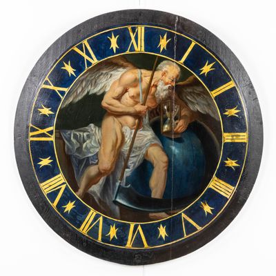 tableau représentant un ange et un homme sur une horloge à chiffres romains