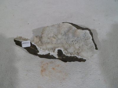 a rock with a tag on it sitting on a table