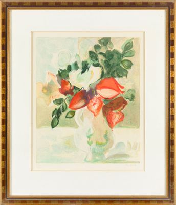 tableau représentant des fleurs dans un vase posé sur une table devant une fenêtre