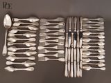 beaucoup de cuillères en argent et de cuillères à soupe sur une table