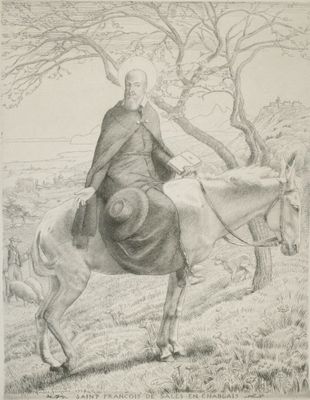 dessin représentant un homme à cheval dans un champ, avec des arbres en arrière-plan