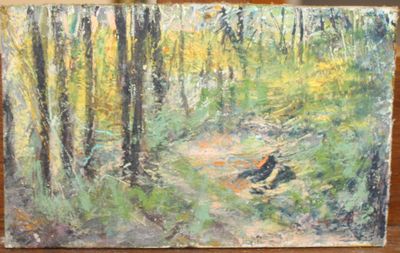 a painting of a dog that is sitting in the woods
