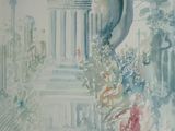 a watercolor painting of a woman walking down the street