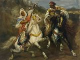 tableau représentant deux hommes à cheval dans un champ, avec le ciel en arrière-plan
