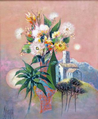 une peinture de fleurs dans un vase sur une table