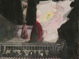 a painting of a man sitting on a stage with a flower in a vase
