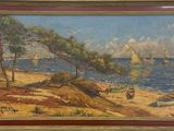 a picture of a painting of a boat on the beach