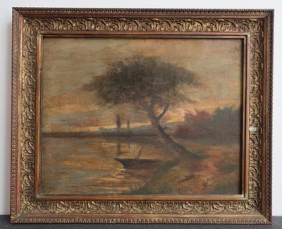 an image of a painting of a boat on a lake