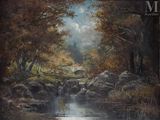 un tableau représentant un ruisseau traversant une zone boisée