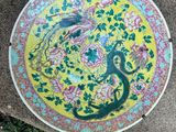 a yellow plate with a bird on it sitting on the ground