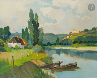 a painting of two boats on the water near a house