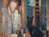 peinture abstraite représentant une femme avec un oiseau et un vase posés sur une table