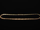 a gold necklace with a long chain on a black background