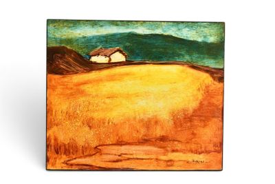 l'image d'une peinture représentant un champ avec une maison au loin